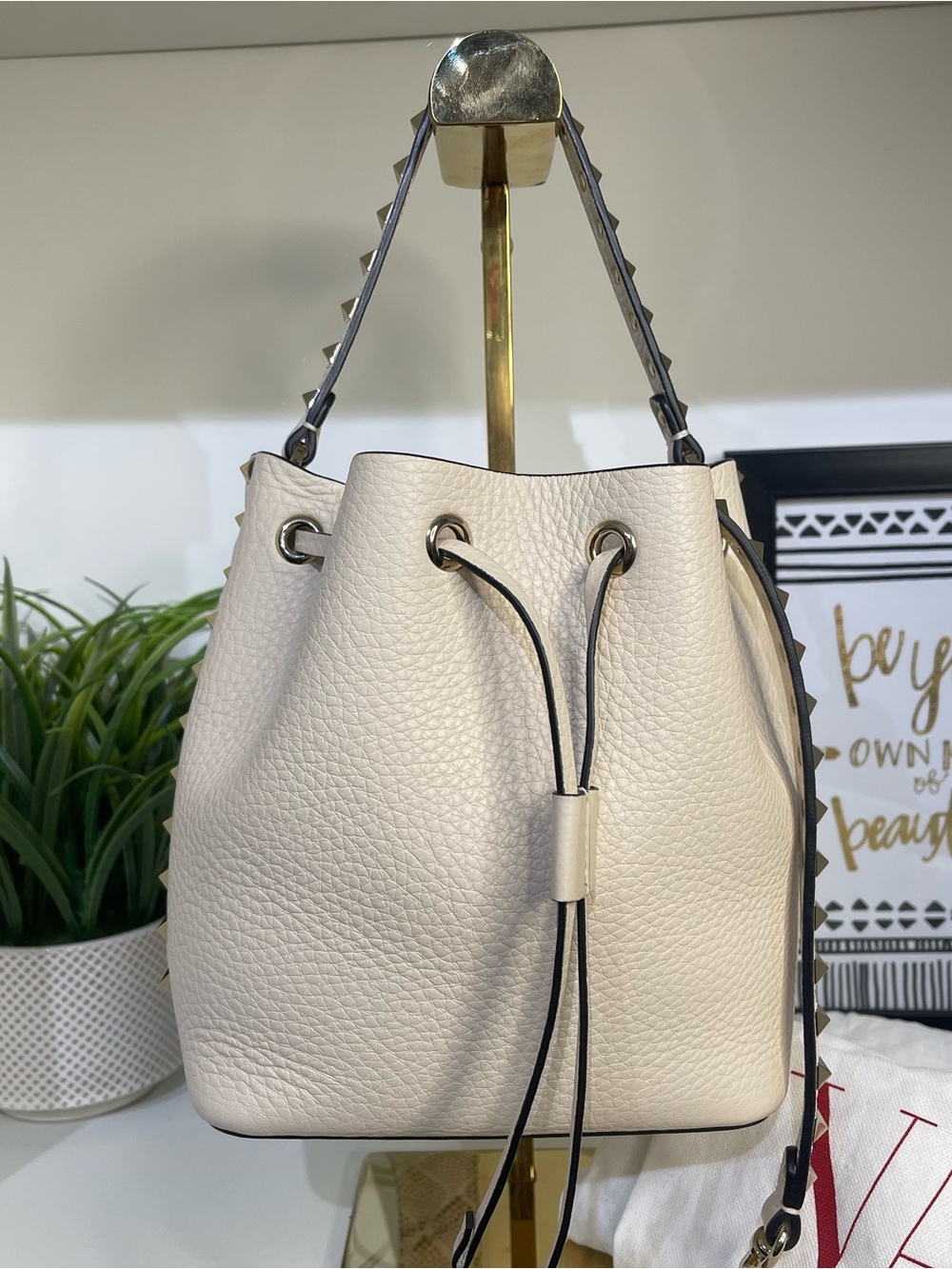 Valentino Cream Rockstud Pebble Leather Drawstring Bucket Bag